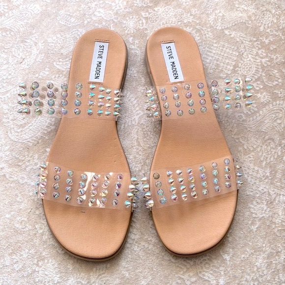 Brand New Steve Madden Blizie Sandals Clear Iridescent Multicolored Studs Spikes - Picture 2 of 15